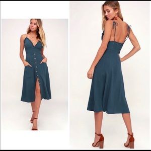 Lisbeth Dark Denim Blue Button Front Midi Dress